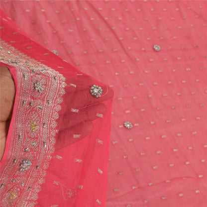 Sanskriti Vintage Long Dupatta/Stole Pure Georgette Pink Hand Beaded Woven Veil