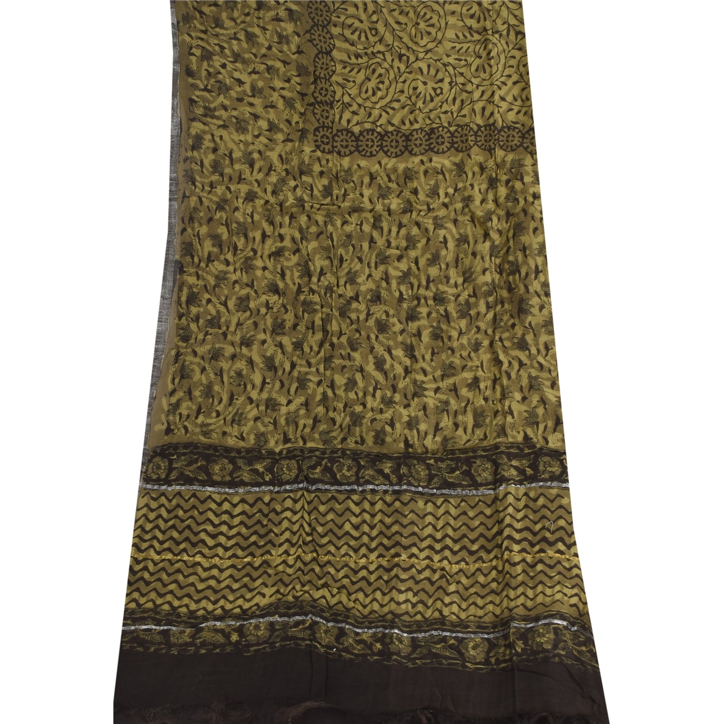 Sanskriti Vintage Long Dupatta/Stole Green Hand Block Printed Cotton Silk Veil