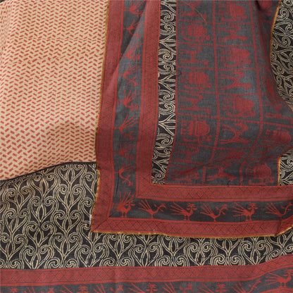 Sanskriti Vintage Long Dupatta/Stole Pure Silk Peach Printed Wrap Scarf Veil