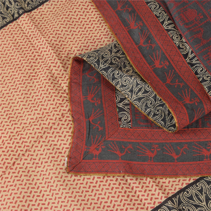 Sanskriti Vintage Long Dupatta/Stole Pure Silk Peach Printed Wrap Scarf Veil