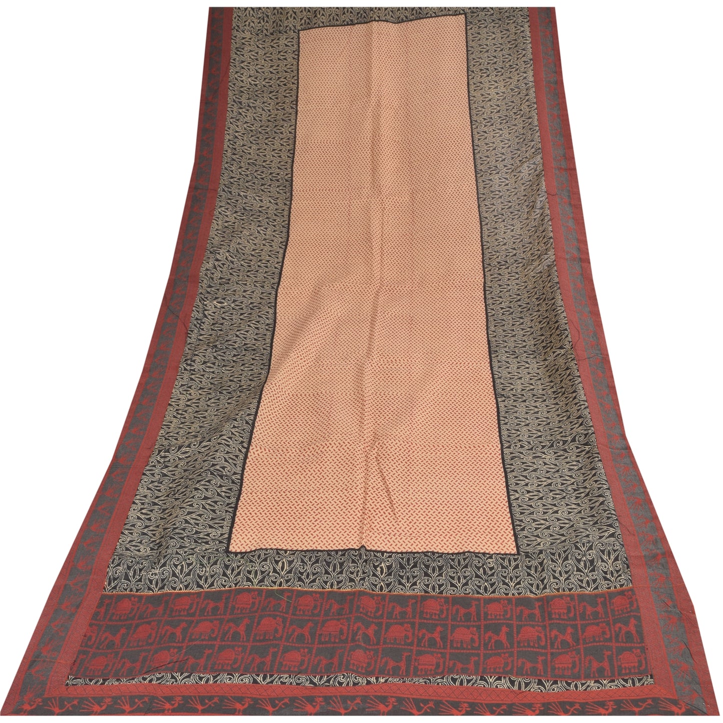 Sanskriti Vintage Long Dupatta/Stole Pure Silk Peach Printed Wrap Scarf Veil