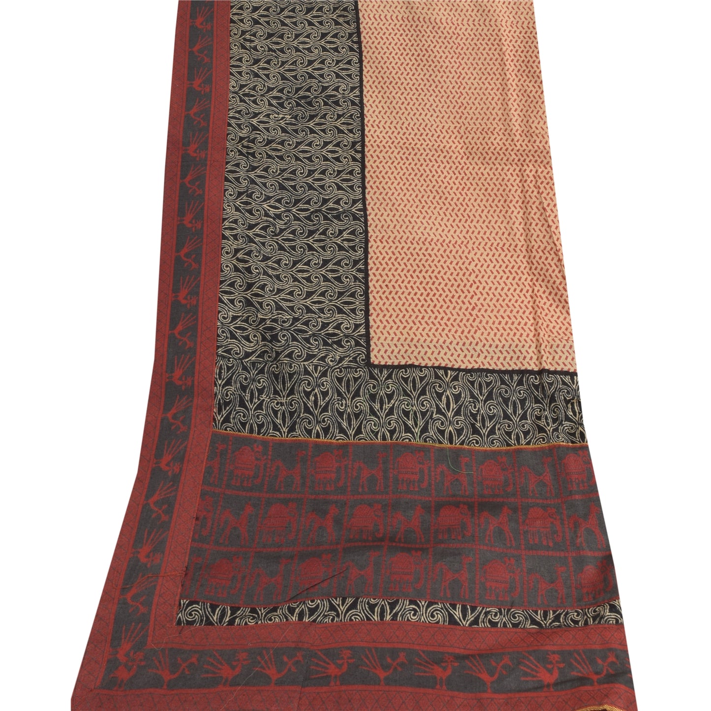 Sanskriti Vintage Long Dupatta/Stole Pure Silk Peach Printed Wrap Scarf Veil