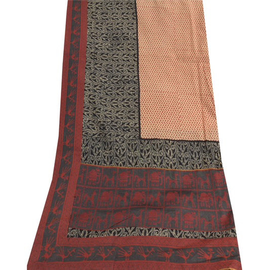 Sanskriti Vintage Long Dupatta/Stole Pure Silk Peach Printed Wrap Scarf Veil