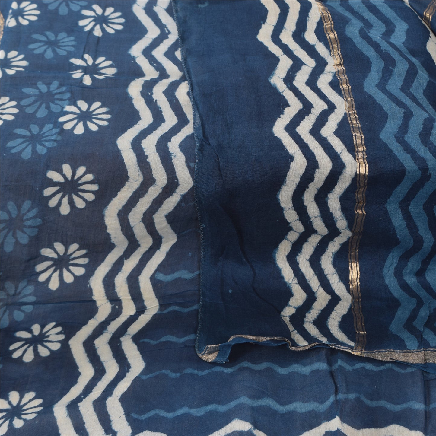 Sanskriti Vintage Long Dupatta/Stole Pure Cotton Bagru Blue Hand Block Wrap Veil