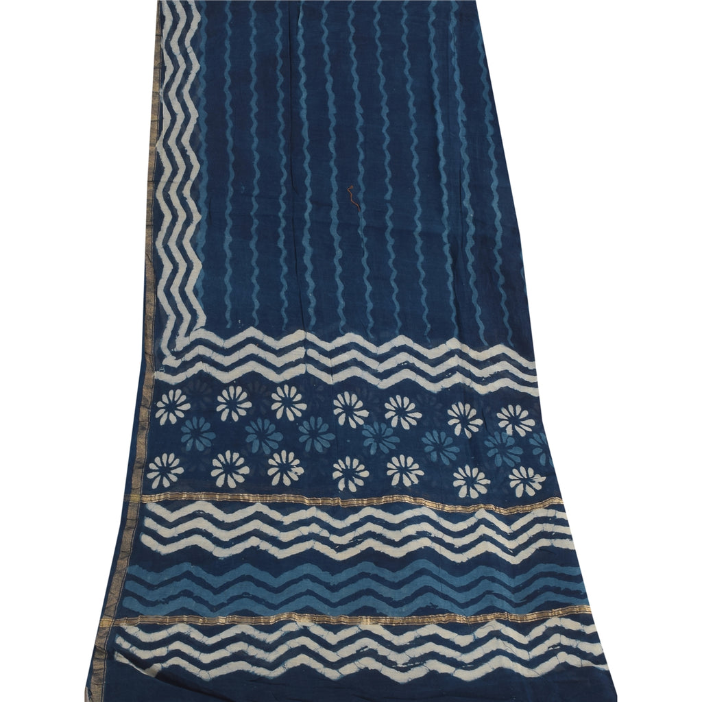 Sanskriti Vintage Long Dupatta/Stole Pure Cotton Bagru Blue Hand Block Wrap Veil