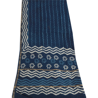 Sanskriti Vintage Long Dupatta/Stole Pure Cotton Bagru Blue Hand Block Wrap Veil
