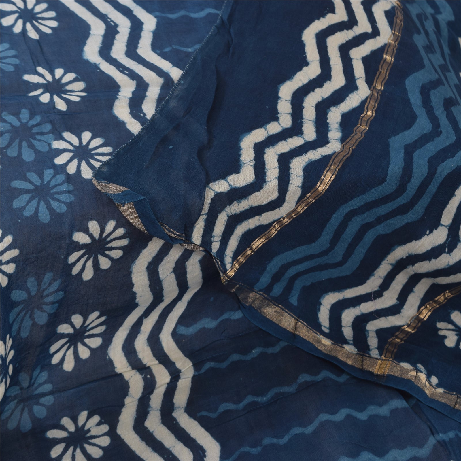 Sanskriti Vintage Long Dupatta/Stole Pure Cotton Bagru Blue Hand Block Wrap Veil