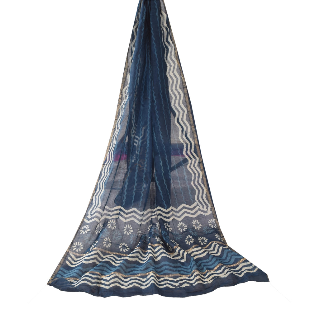 Sanskriti Vintage Long Dupatta/Stole Pure Cotton Bagru Blue Hand Block Wrap Veil