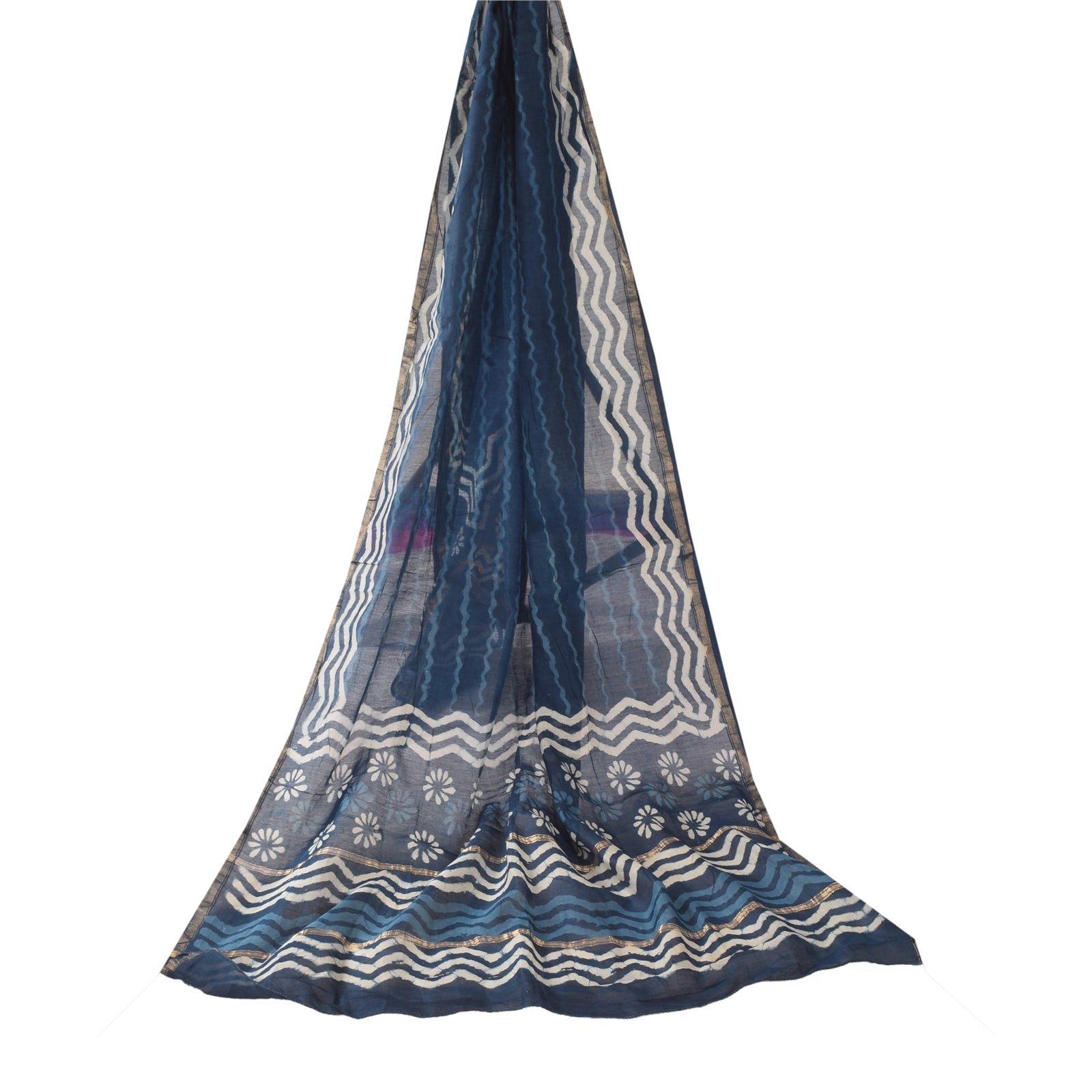 Sanskriti Vintage Long Dupatta/Stole Pure Cotton Bagru Blue Hand Block Wrap Veil