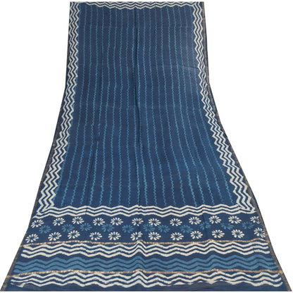 Sanskriti Vintage Long Dupatta/Stole Pure Cotton Bagru Blue Hand Block Wrap Veil