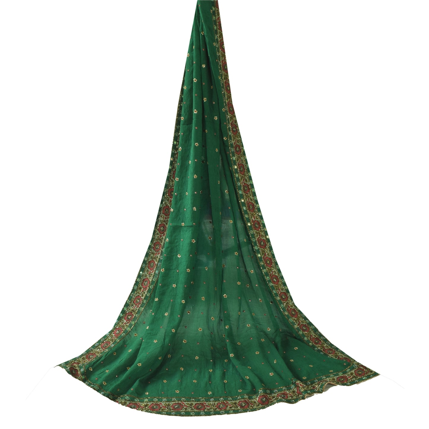 Sanskriti Vintage Long Dupatta/Stole Pure Silk Green Hand Beaded Scarf Veil