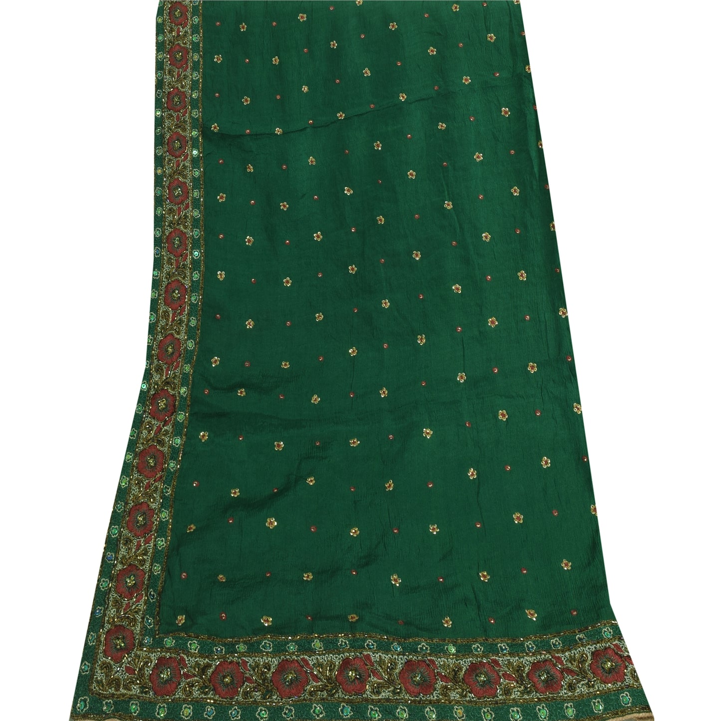 Sanskriti Vintage Long Dupatta/Stole Pure Silk Green Hand Beaded Scarf Veil