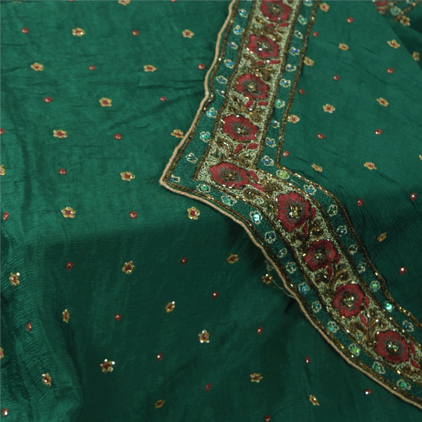 Sanskriti Vintage Long Dupatta/Stole Pure Silk Green Hand Beaded Scarf Veil