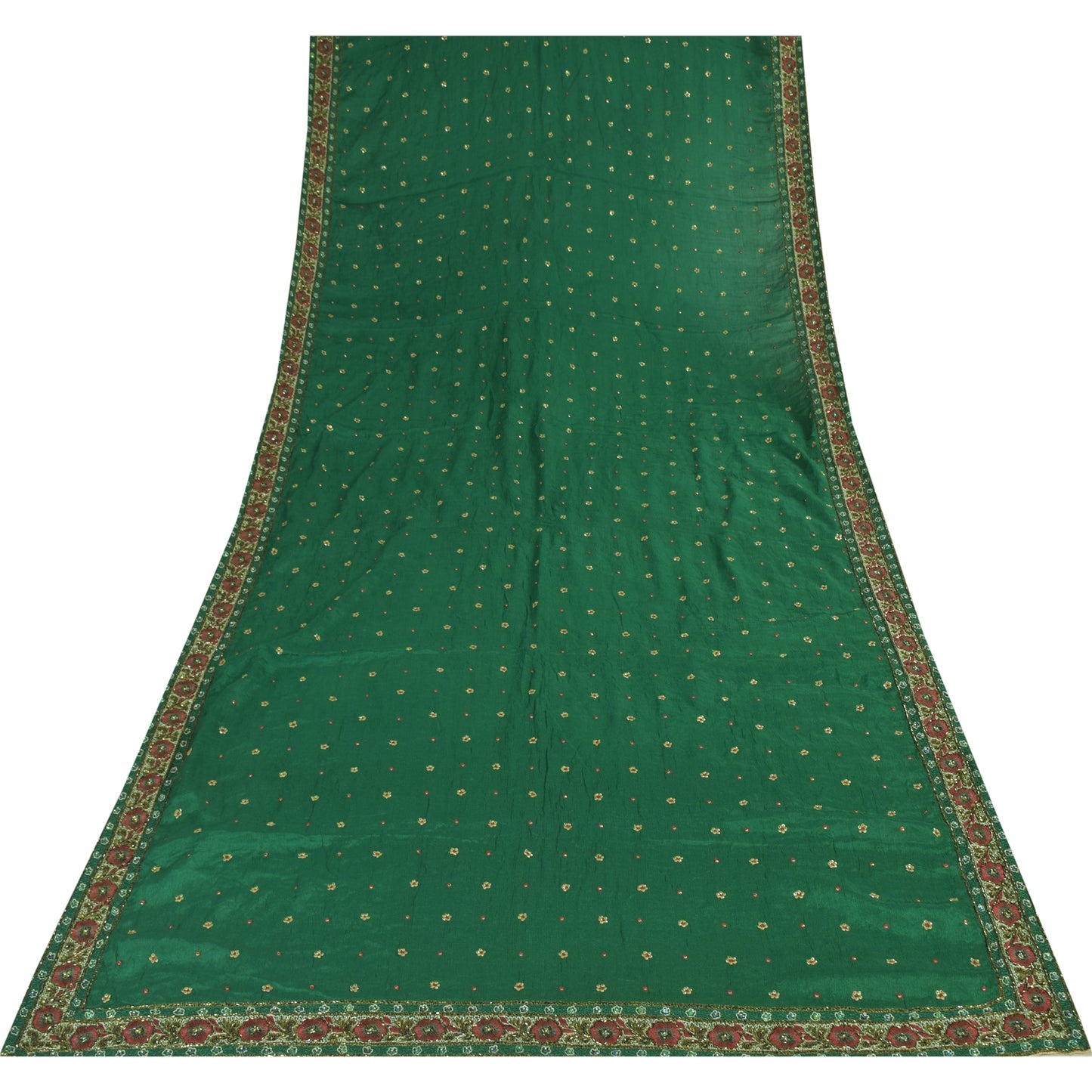 Sanskriti Vintage Long Dupatta/Stole Pure Silk Green Hand Beaded Scarf Veil