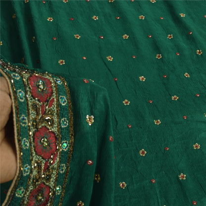 Sanskriti Vintage Long Dupatta/Stole Pure Silk Green Hand Beaded Scarf Veil