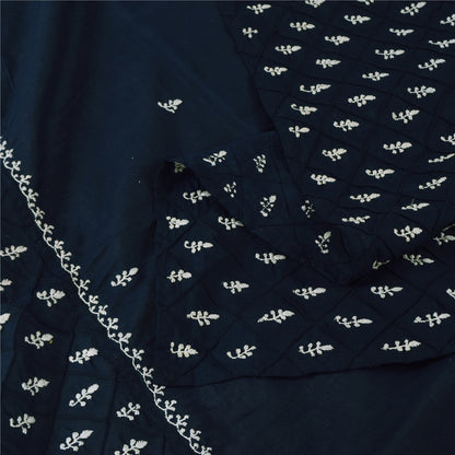 Sanskriti Vintage Long Dupatta/Stole Blend Cotton Blue Handmade Chikankari Scarf