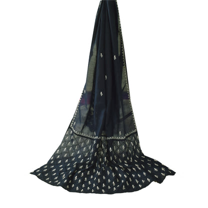 Sanskriti Vintage Long Dupatta/Stole Blend Cotton Blue Handmade Chikankari Scarf