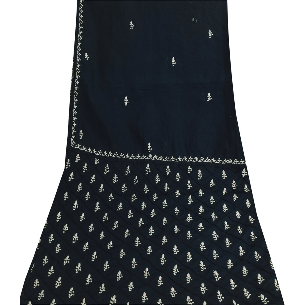 Sanskriti Vintage Long Dupatta/Stole Blend Cotton Blue Handmade Chikankari Scarf