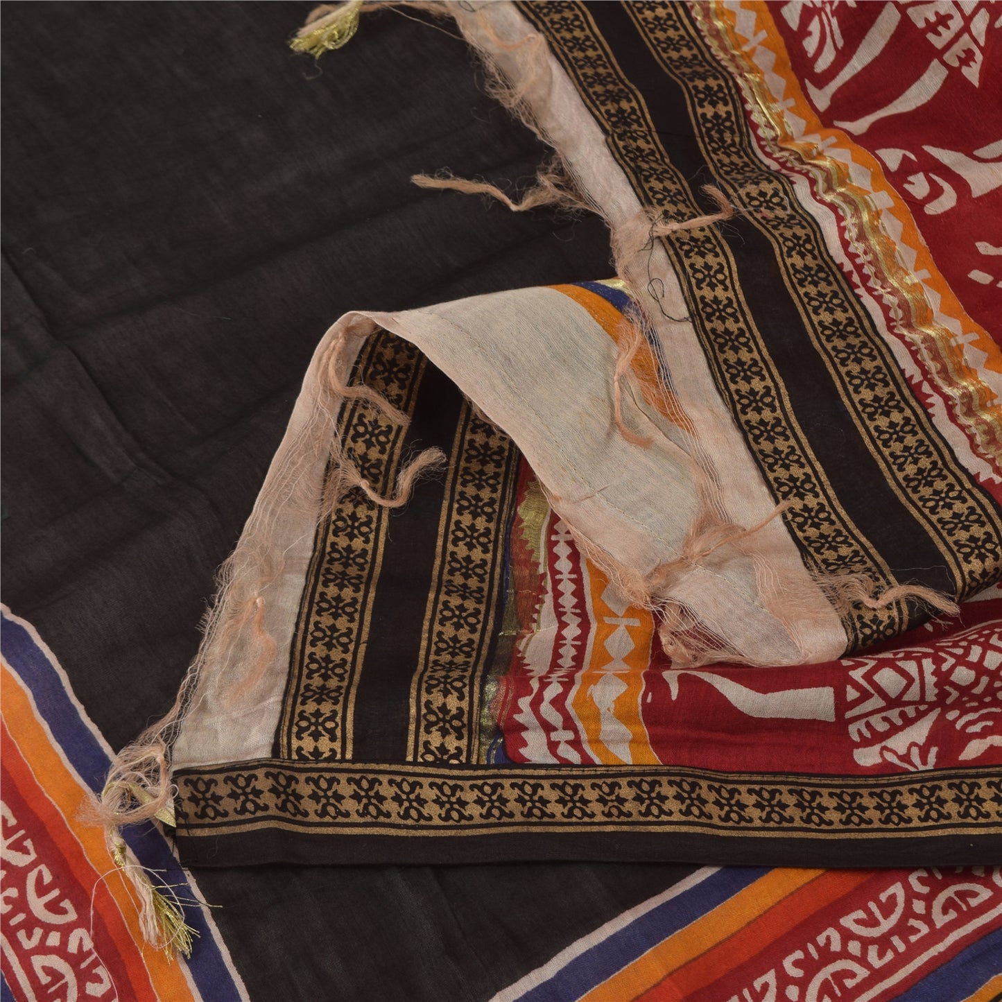 Sanskriti Vintage Long Dupatta/Stole Cotton Silk Black Printed/Solid Scarf Veil