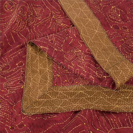 Sanskriti Vintage Long Dupatta/Stole Pure Silk Red Hand Beaded Kantha Scarf Veil