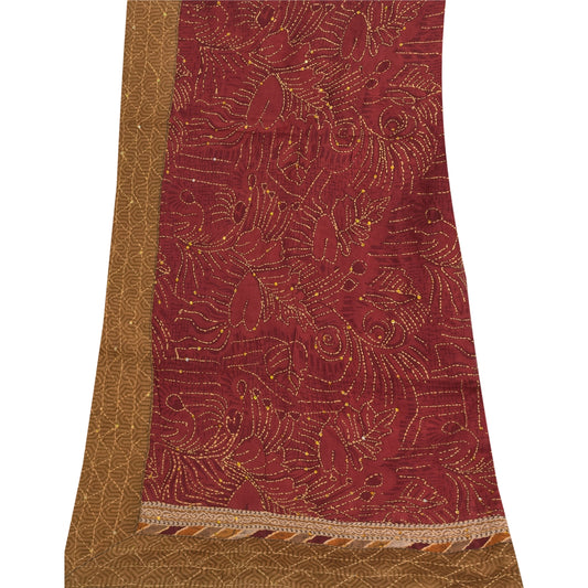Sanskriti Vintage Long Dupatta/Stole Pure Silk Red Hand Beaded Kantha Scarf Veil