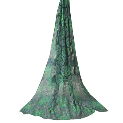 Sanskriti Vintage Long Dupatta/Stole Net Woven Embroidered Green Wrap Scarf Veil