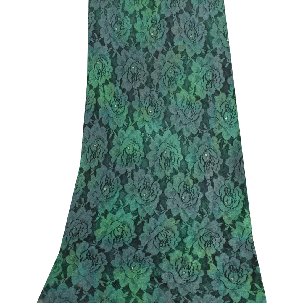 Sanskriti Vintage Long Dupatta/Stole Net Woven Embroidered Green Wrap Scarf Veil