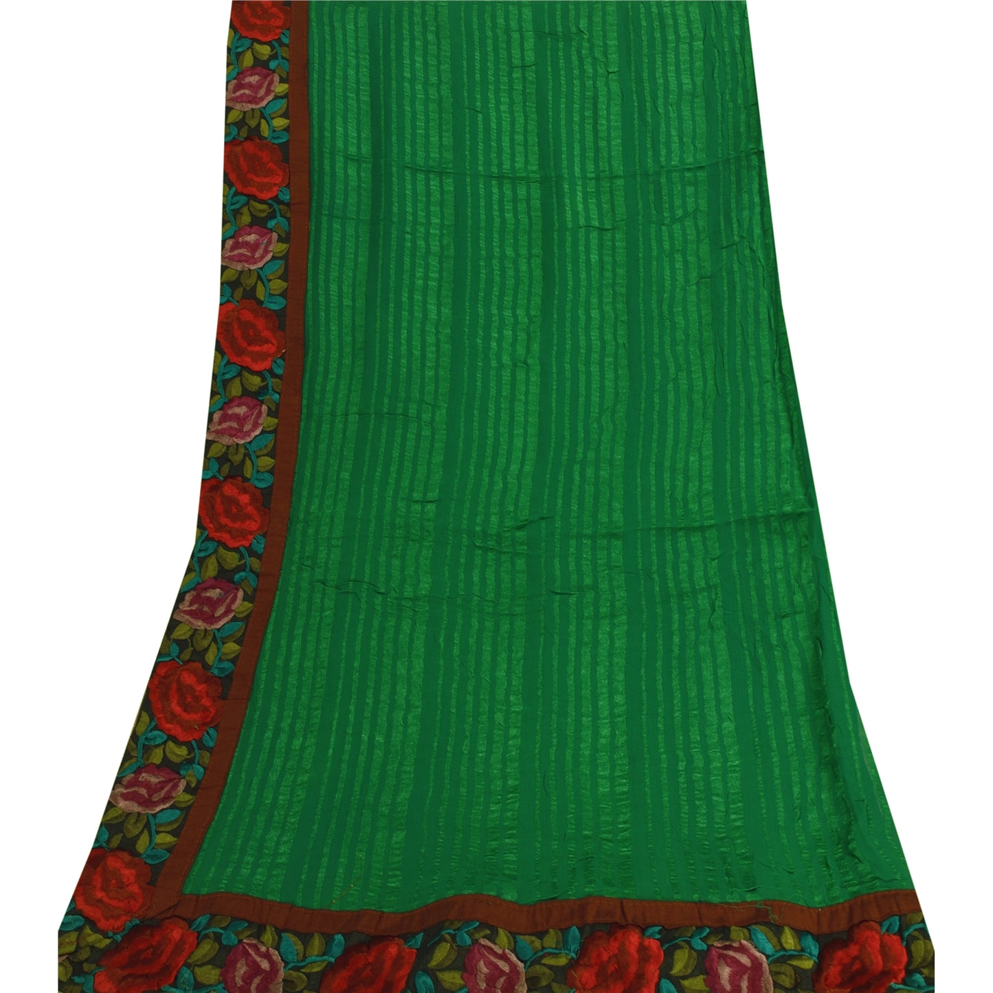 Sanskriti Vintage Long Dupatta/Stole Pure Georgette Green Woven Embroidery Patch