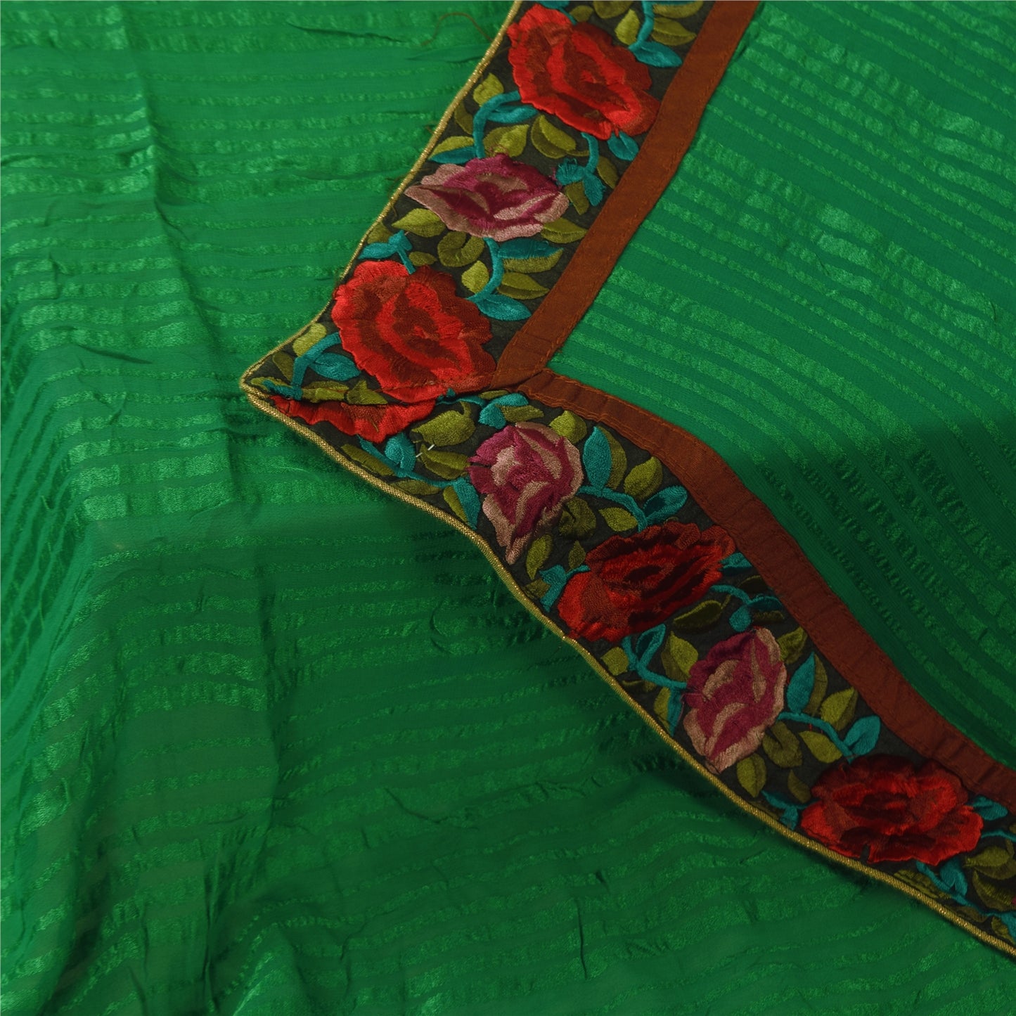 Sanskriti Vintage Long Dupatta/Stole Pure Georgette Green Woven Embroidery Patch