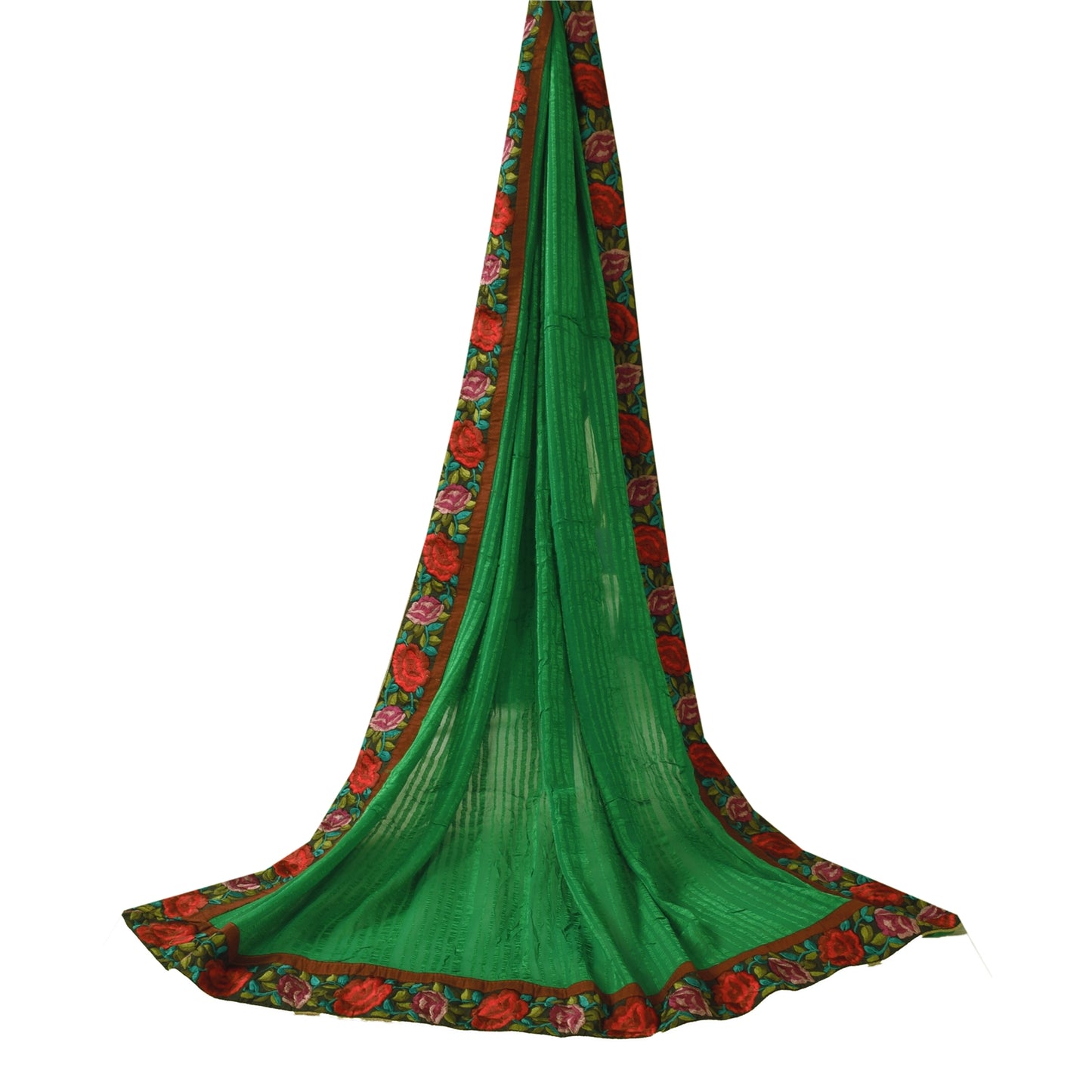 Sanskriti Vintage Long Dupatta/Stole Pure Georgette Green Woven Embroidery Patch