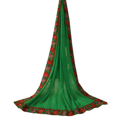 Sanskriti Vintage Long Dupatta/Stole Pure Georgette Green Woven Embroidery Patch