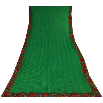 Sanskriti Vintage Long Dupatta/Stole Pure Georgette Green Woven Embroidery Patch