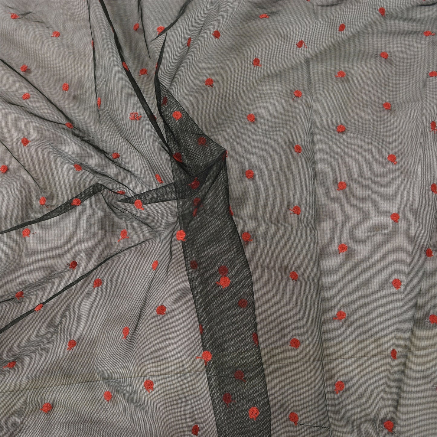 Sanskriti Vintage Long Dupatta/Stole Net Black Hand Embroidered Wrap Scarf Veil