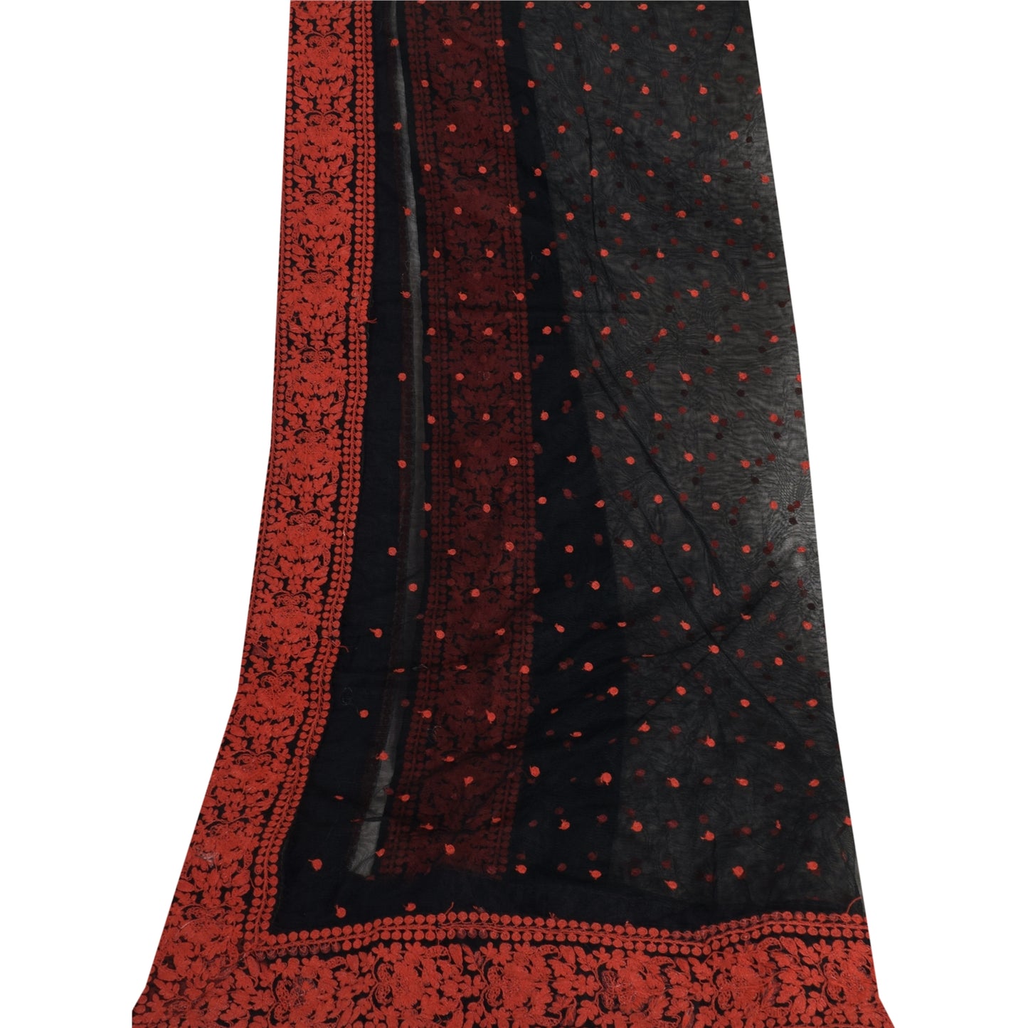 Sanskriti Vintage Long Dupatta/Stole Net Black Hand Embroidered Wrap Scarf Veil