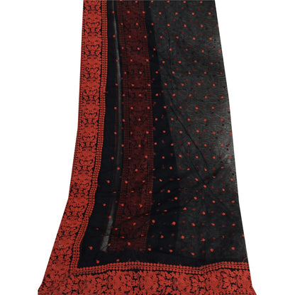 Sanskriti Vintage Long Dupatta/Stole Net Black Hand Embroidered Wrap Scarf Veil