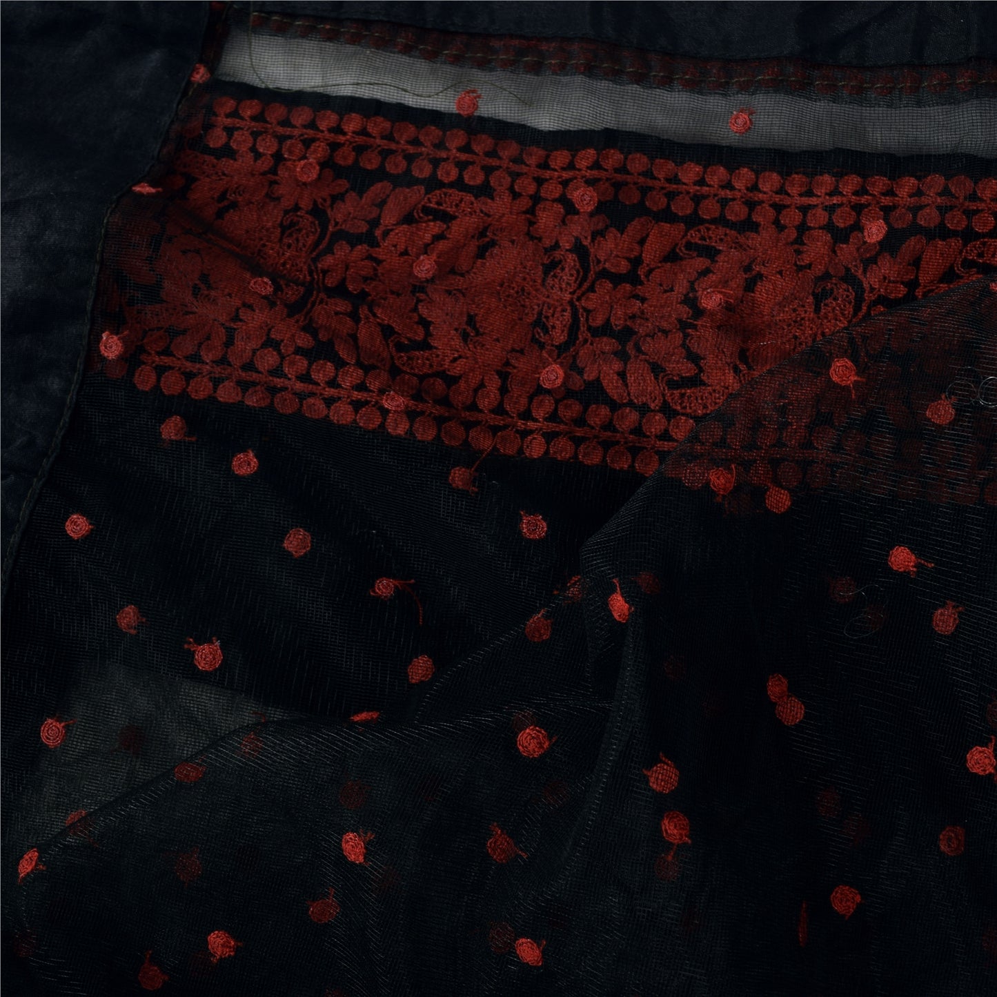 Sanskriti Vintage Long Dupatta/Stole Net Black Hand Embroidered Wrap Scarf Veil