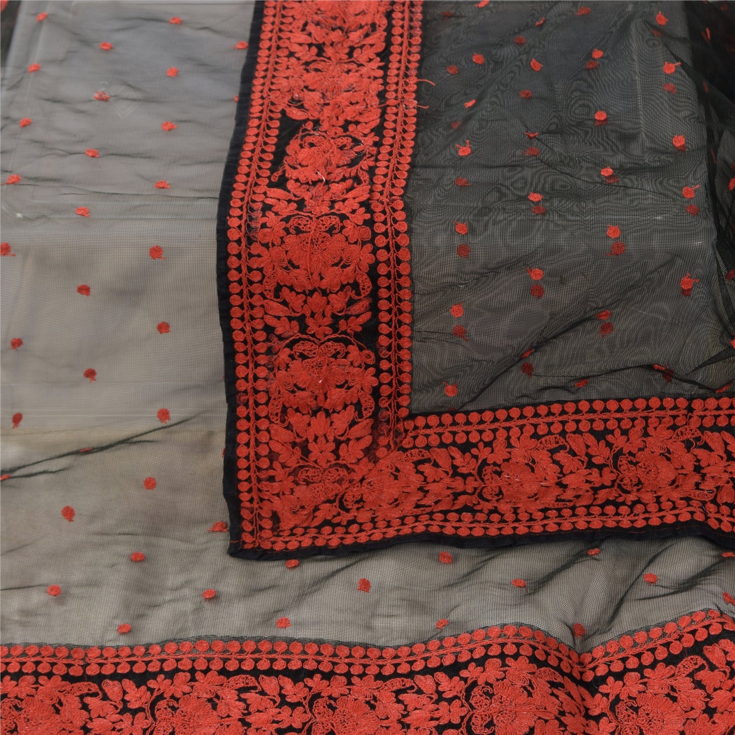 Sanskriti Vintage Long Dupatta/Stole Net Black Hand Embroidered Wrap Scarf Veil