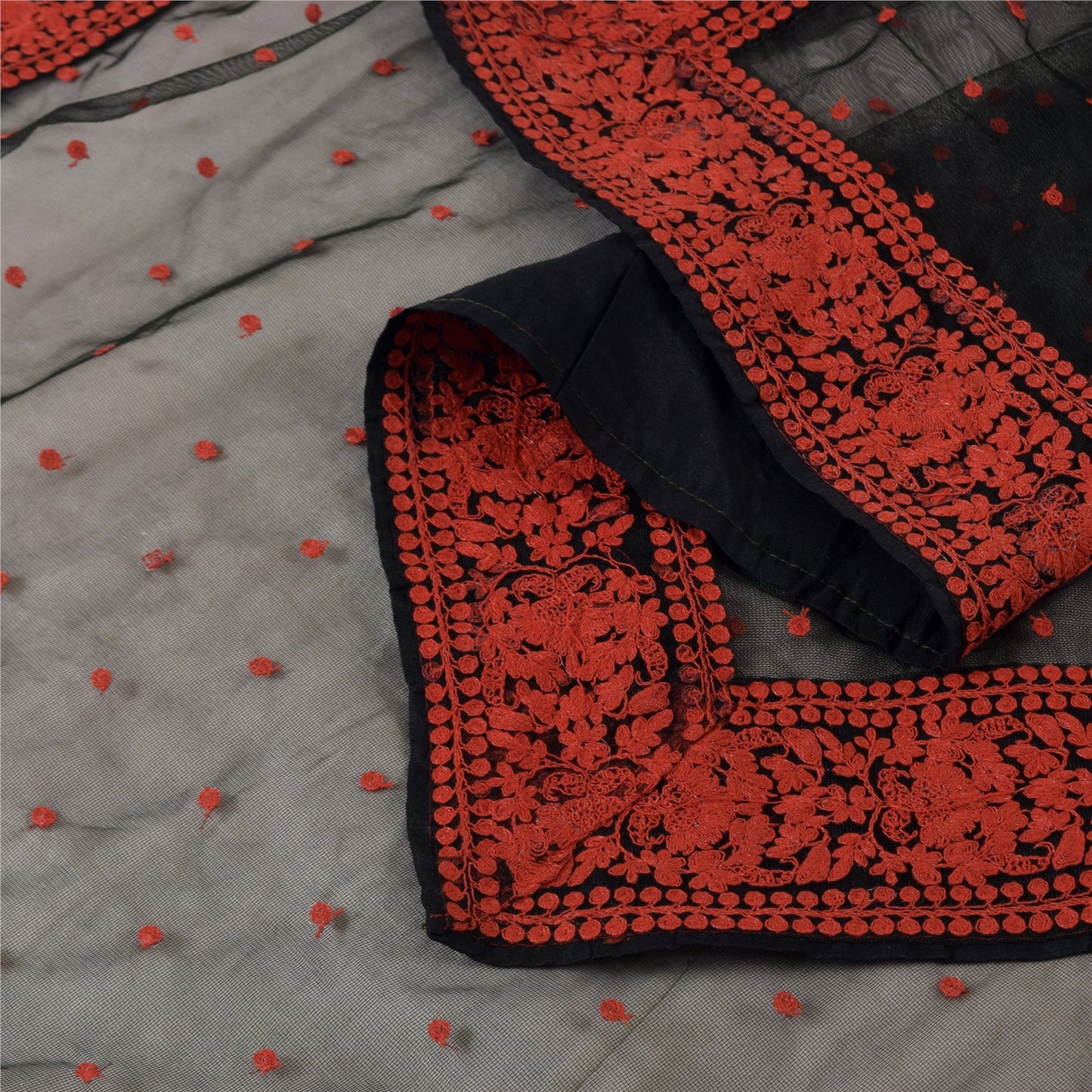 Sanskriti Vintage Long Dupatta/Stole Net Black Hand Embroidered Wrap Scarf Veil