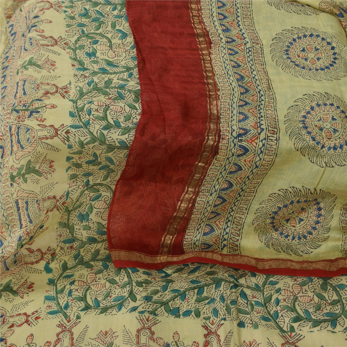 Sanskriti Vintage Long Dupatta/Stole Pure Cotton Handmade Kalamkari Peacock Veil