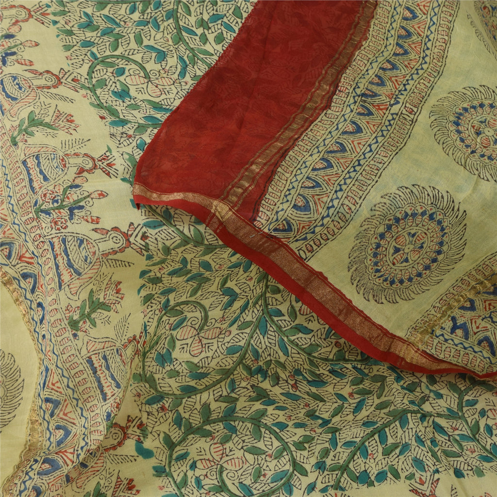 Sanskriti Vintage Long Dupatta/Stole Pure Cotton Handmade Kalamkari Peacock Veil