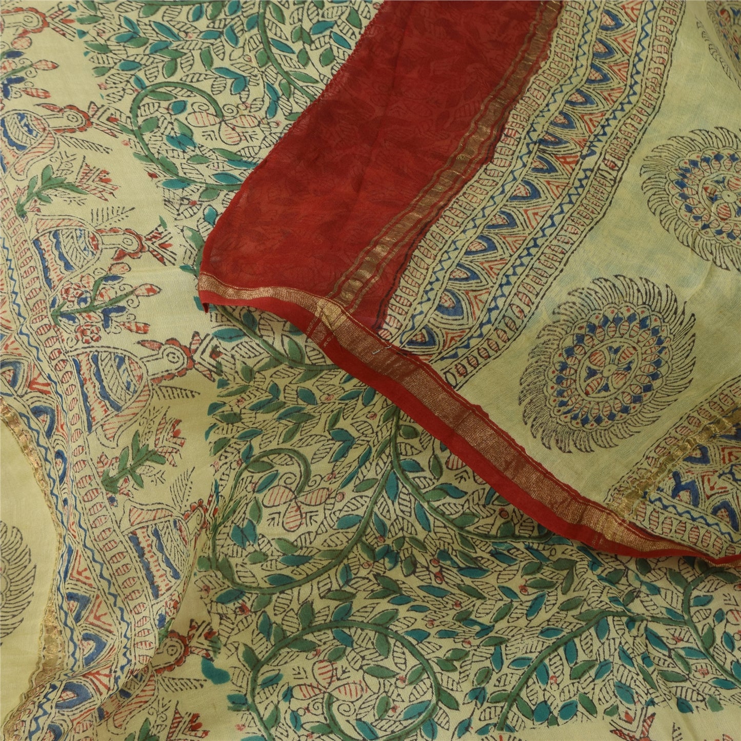 Sanskriti Vintage Long Dupatta/Stole Pure Cotton Handmade Kalamkari Peacock Veil