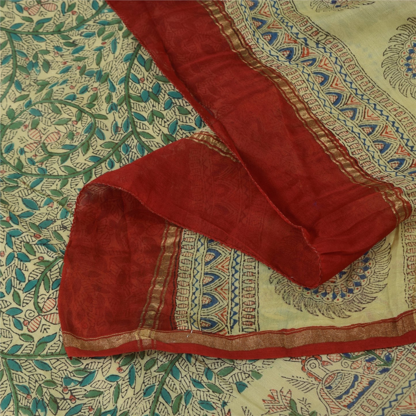 Sanskriti Vintage Long Dupatta/Stole Pure Cotton Handmade Kalamkari Peacock Veil