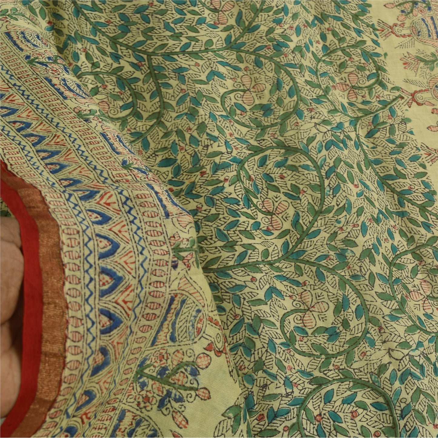 Sanskriti Vintage Long Dupatta/Stole Pure Cotton Handmade Kalamkari Peacock Veil