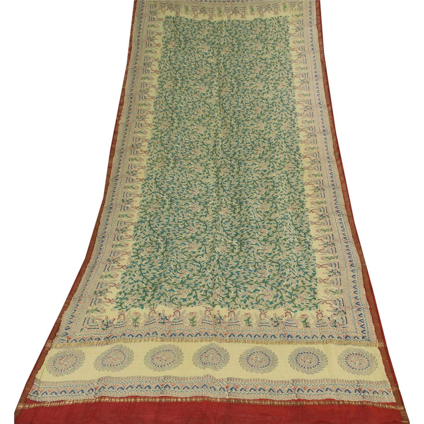 Sanskriti Vintage Long Dupatta/Stole Pure Cotton Handmade Kalamkari Peacock Veil