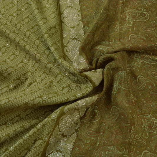 Sanskriti Vintage Long Dupatta/Stole Pure Silk Green Printed Hand Woven Veil