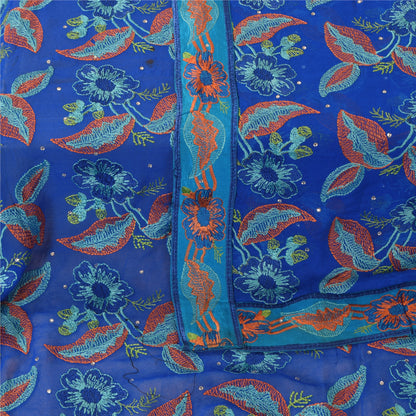 Sanskriti Vintage Blue Dupatta Long Stole Pure Georgette Embroidered Wrap Hijab