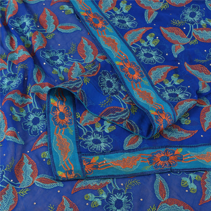 Sanskriti Vintage Blue Dupatta Long Stole Pure Georgette Embroidered Wrap Hijab