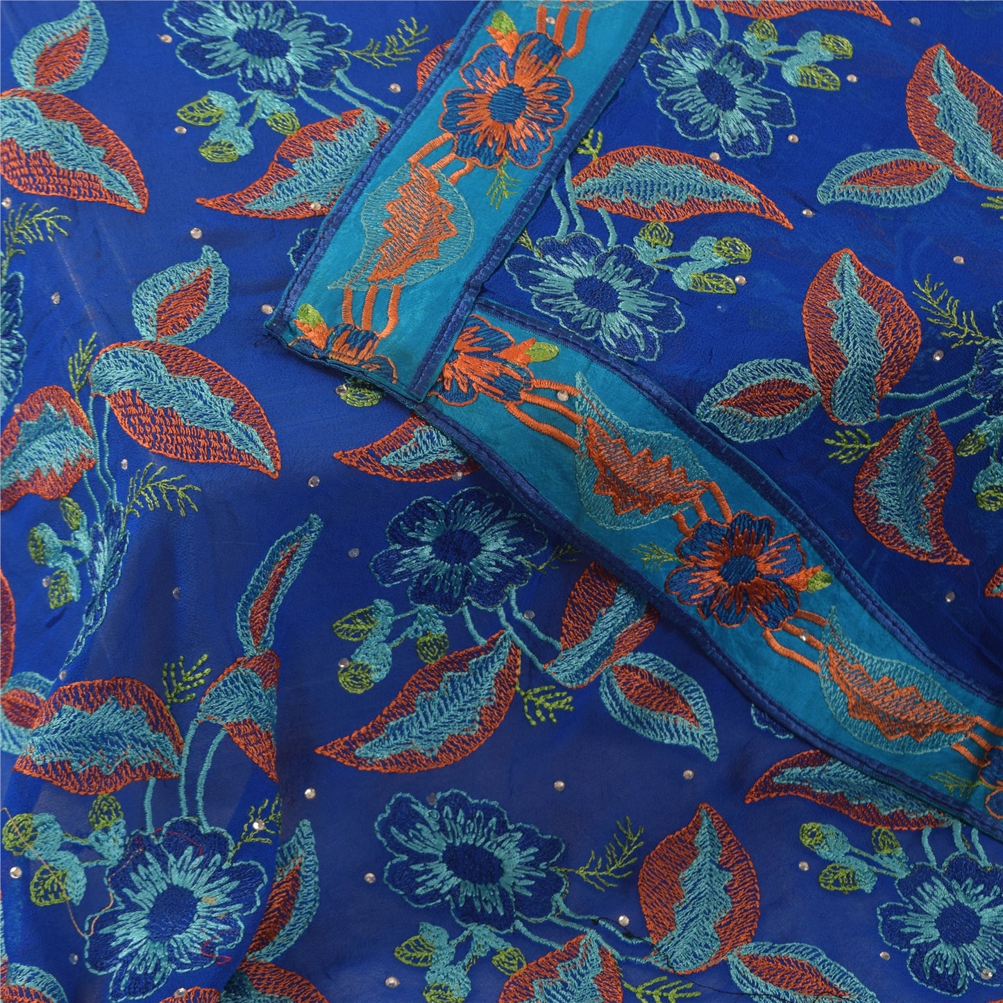 Sanskriti Vintage Blue Dupatta Long Stole Pure Georgette Embroidered Wrap Hijab