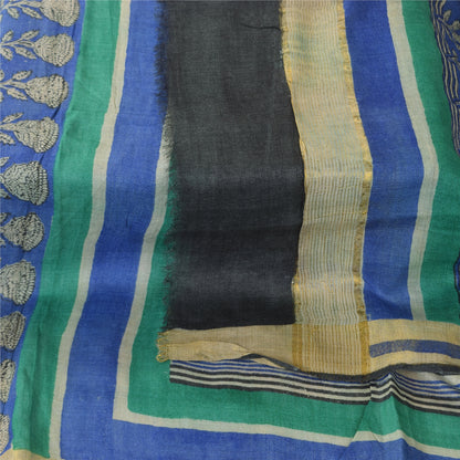 Санскрити Винтаж Синий/Серый Дупатта Длинный Палантин Чистый Шелк Печатный Премиум Шарфы