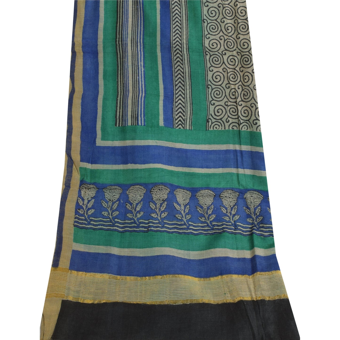 Санскрити Винтаж Синий/Серый Дупатта Длинный Палантин Чистый Шелк Печатный Премиум Шарфы